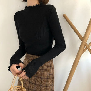 Turtleneck Ruched Women Sweater High Elastic Solid Knitted Pullovers