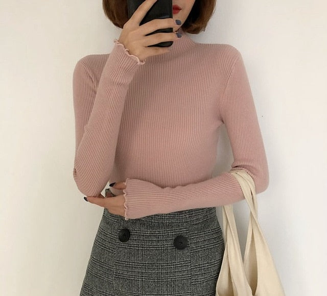 Turtleneck Ruched Women Sweater High Elastic Solid Knitted Pullovers