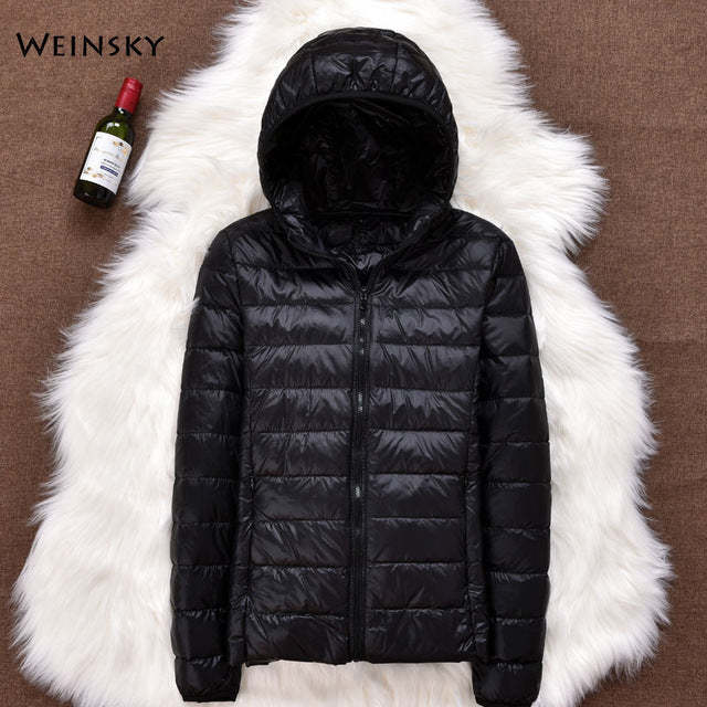 Winter Women Ultralight Thin Down Jacket White Duck Down Hooded Jackets Long Sleeve Warm Parka Portable Outwear