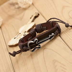 Antique Genuine Leather Bracelets Hollow Guitar Charm Bracelet for Women Men Friendship Bracelets 2015 Fine Jewelry