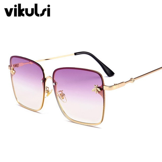 Retro Square Sunglasses Women Brand Designer Bee Metal Frame Oversized Sun Glasses Oculos UV400
