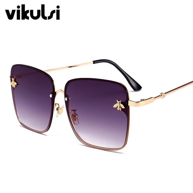 Retro Square Sunglasses Women Brand Designer Bee Metal Frame Oversized Sun Glasses Oculos UV400