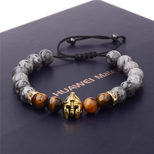 DOUVEI Drop Shipping Roman Knight Spartan Warrior Gladiator Helmet Bracelet Men Stone Bead Bracelet Mala Yoga Elastic Bracelet