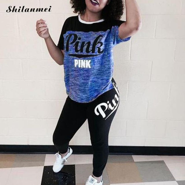 PINK Printing Women'S Outfits Short Sleeve T-Shirts And Long Pants 2 Piece Set Fitness Plus Size