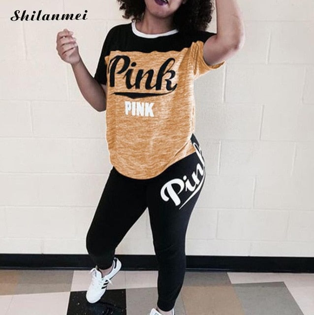 PINK Printing Women'S Outfits Short Sleeve T-Shirts And Long Pants 2 Piece Set Fitness Plus Size