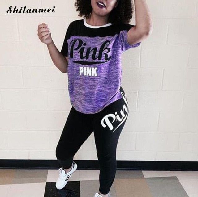 PINK Printing Women'S Outfits Short Sleeve T-Shirts And Long Pants 2 Piece Set Fitness Plus Size