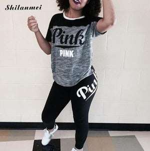 PINK Printing Women'S Outfits Short Sleeve T-Shirts And Long Pants 2 Piece Set Fitness Plus Size