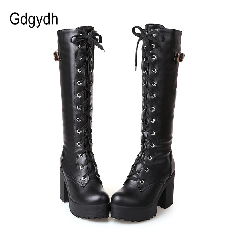 Gdgydh Hot Sale Spring Autumn Lacing Knee High Boots