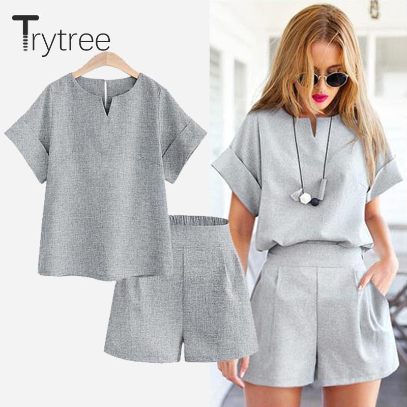 Trytree Spring summer Women two piece set Casual Cotton tops + short