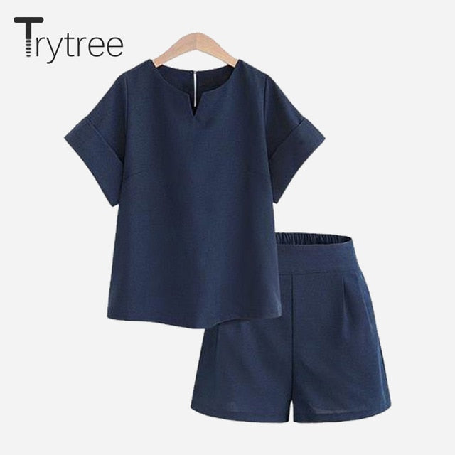 Trytree Spring summer Women two piece set Casual Cotton tops + short