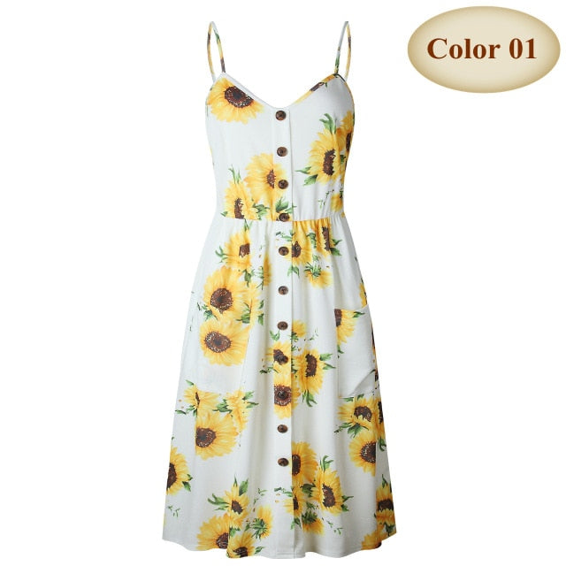 New Boho Off-shoulder Party Beach Sundress Spaghetti Long Dresses Plus Size Summer Women Button Decorated Print Dress CRRIFLZ
