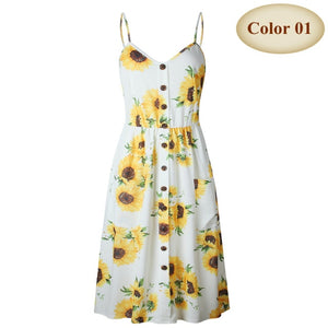 New Boho Off-shoulder Party Beach Sundress Spaghetti Long Dresses Plus Size Summer Women Button Decorated Print Dress CRRIFLZ