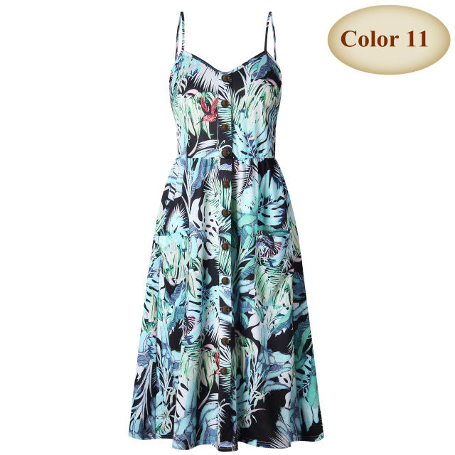 New Boho Off-shoulder Party Beach Sundress Spaghetti Long Dresses Plus Size Summer Women Button Decorated Print Dress CRRIFLZ