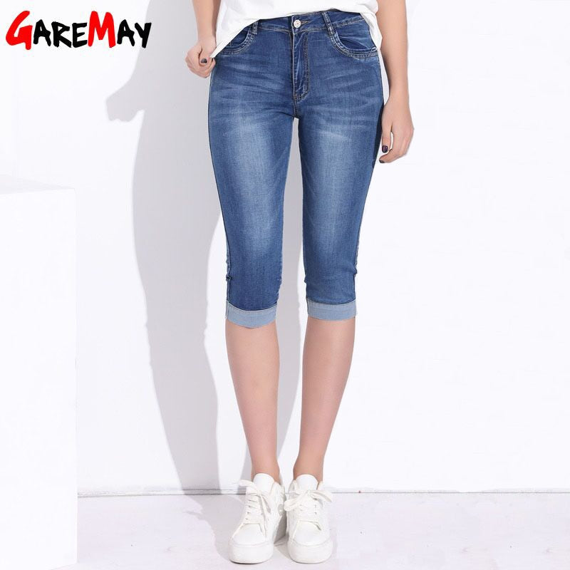 GAREMAY Plus Size Skinny Capris Jeans Stretch Knee Length High Waist